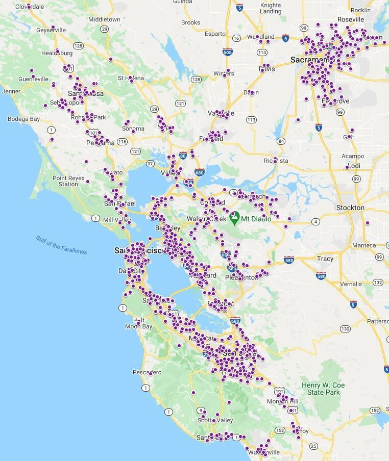 San Francisco Bay Area, Santa Cruz, and Sacramento coverage map